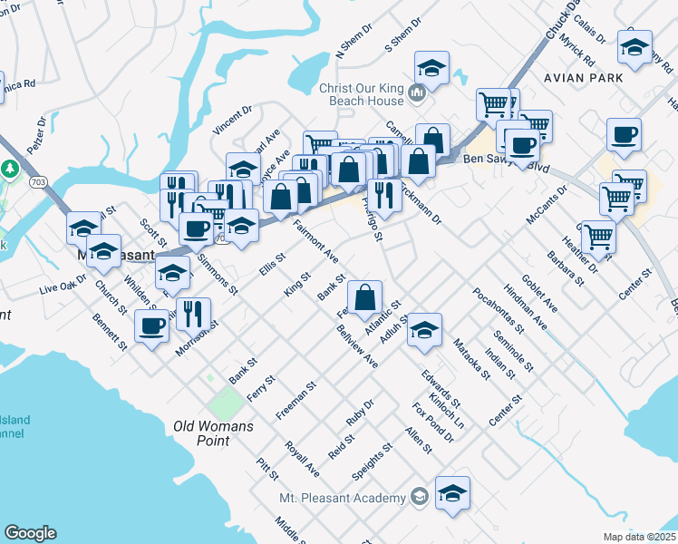 map of restaurants, bars, coffee shops, grocery stores, and more near 1319 Fairmont Avenue in Mount Pleasant