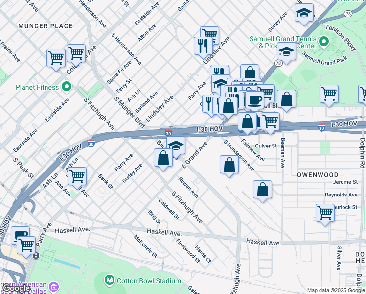 map of restaurants, bars, coffee shops, grocery stores, and more near 5106 Philip Avenue in Dallas