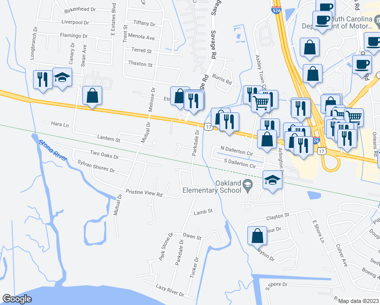 map of restaurants, bars, coffee shops, grocery stores, and more near 519 Applebee Way in Charleston