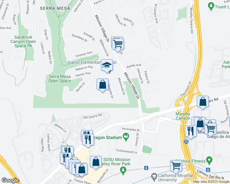 map of restaurants, bars, coffee shops, grocery stores, and more near 2482 Moonstone Drive in San Diego