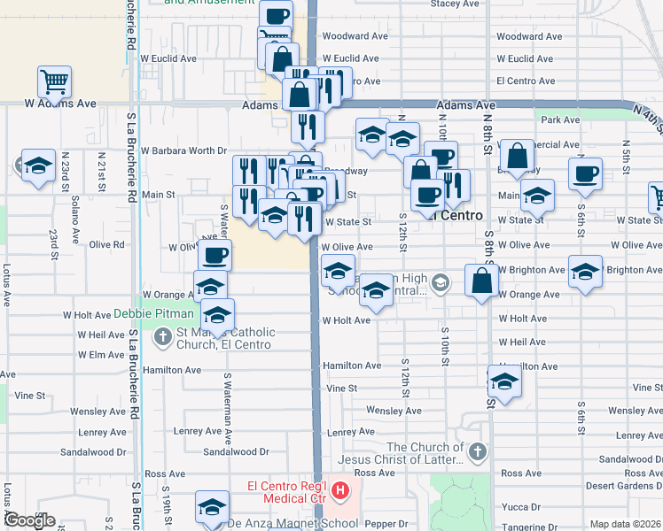map of restaurants, bars, coffee shops, grocery stores, and more near 1460 W Brighton Ave in El Centro