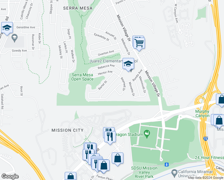 map of restaurants, bars, coffee shops, grocery stores, and more near 9194 Ronda Avenue in San Diego