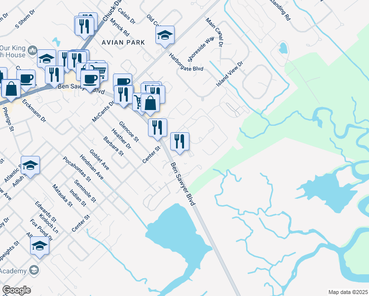 map of restaurants, bars, coffee shops, grocery stores, and more near 1471 Center Street Extension in Mount Pleasant
