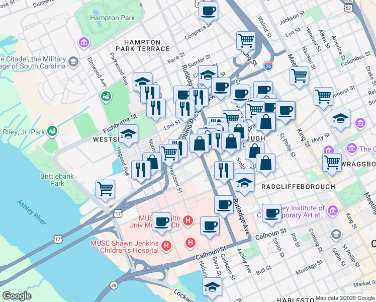 map of restaurants, bars, coffee shops, grocery stores, and more near 6 Rosemont Street in Charleston
