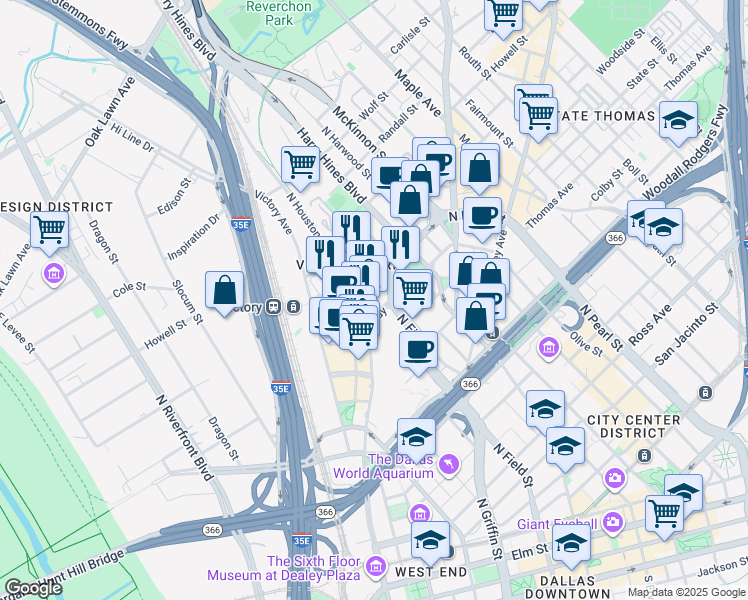 map of restaurants, bars, coffee shops, grocery stores, and more near 2500 North Houston Street in Dallas