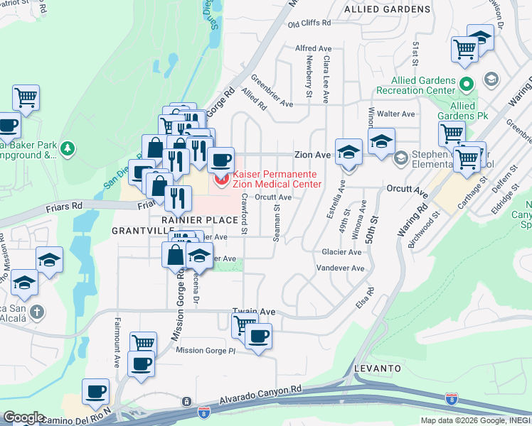 map of restaurants, bars, coffee shops, grocery stores, and more near 6419 Burgundy Street in San Diego