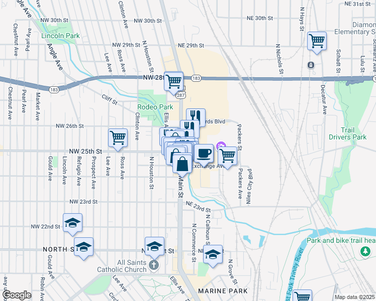 map of restaurants, bars, coffee shops, grocery stores, and more near 2513 Rodeo Plaza in Fort Worth