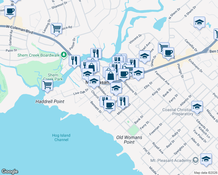 map of restaurants, bars, coffee shops, grocery stores, and more near 419 Hibben Street in Mount Pleasant
