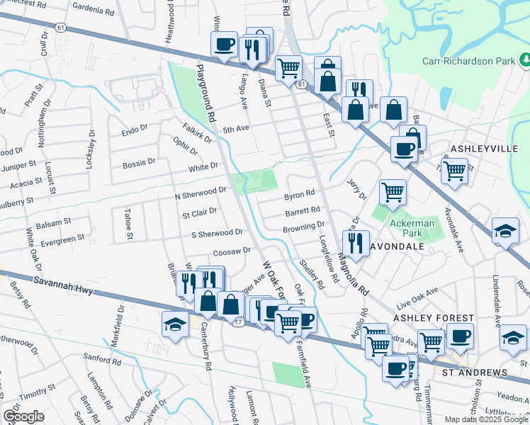 map of restaurants, bars, coffee shops, grocery stores, and more near 804 Browning Road in Charleston
