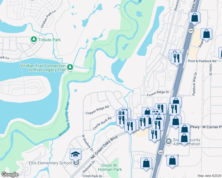 map of restaurants, bars, coffee shops, grocery stores, and more near 3115 West Shadow Drive in Arlington