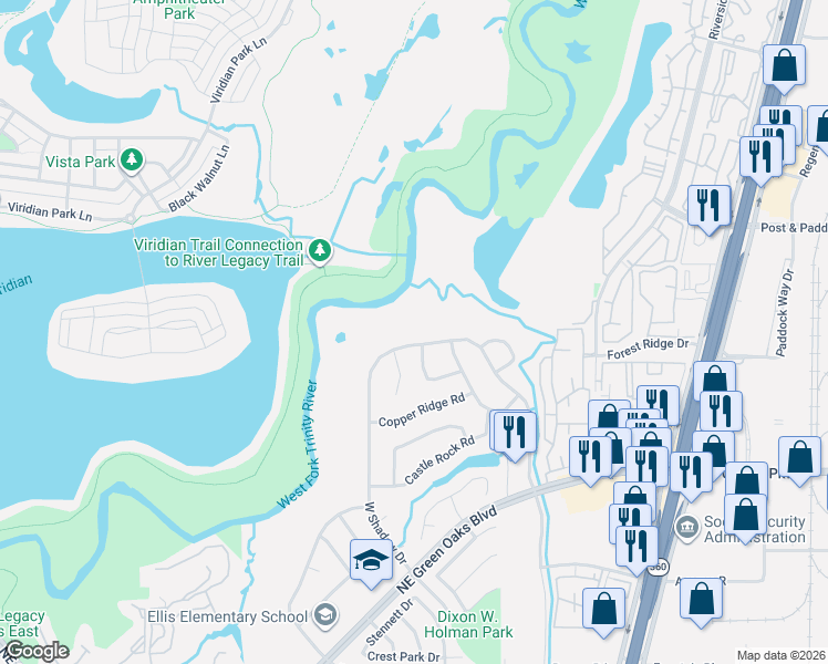 map of restaurants, bars, coffee shops, grocery stores, and more near 3109 West Shadow Drive in Arlington