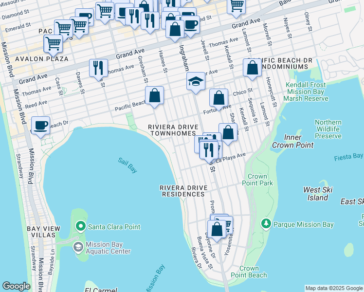 map of restaurants, bars, coffee shops, grocery stores, and more near 3892 Roosevelt Avenue in San Diego