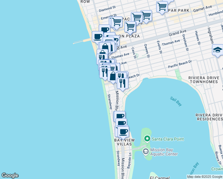 map of restaurants, bars, coffee shops, grocery stores, and more near 734 Santa Rita Place in San Diego