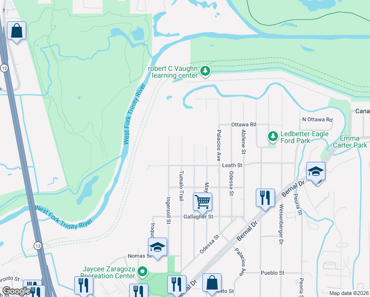 map of restaurants, bars, coffee shops, grocery stores, and more near 3935 Tumalo Trail in Dallas