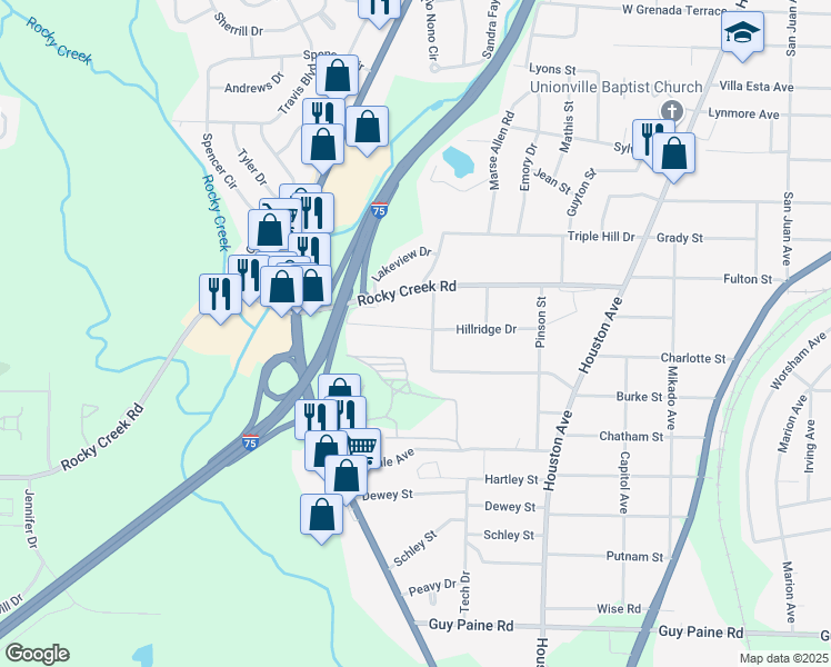 map of restaurants, bars, coffee shops, grocery stores, and more near 1308 Hillridge Drive in Macon