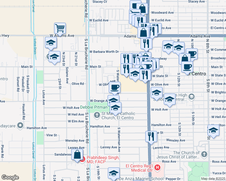 map of restaurants, bars, coffee shops, grocery stores, and more near 1720 West Brighton Avenue in El Centro