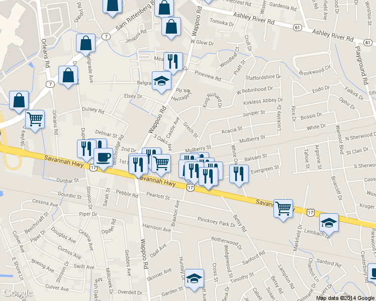 map of restaurants, bars, coffee shops, grocery stores, and more near 1661 Mulberry Street in Charleston