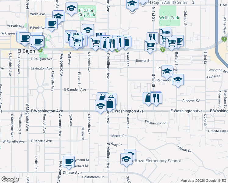 map of restaurants, bars, coffee shops, grocery stores, and more near 569 South Mollison Avenue in El Cajon