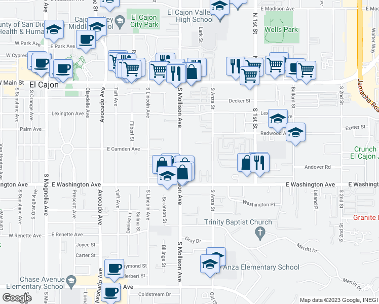 map of restaurants, bars, coffee shops, grocery stores, and more near 565 South Mollison Avenue in El Cajon