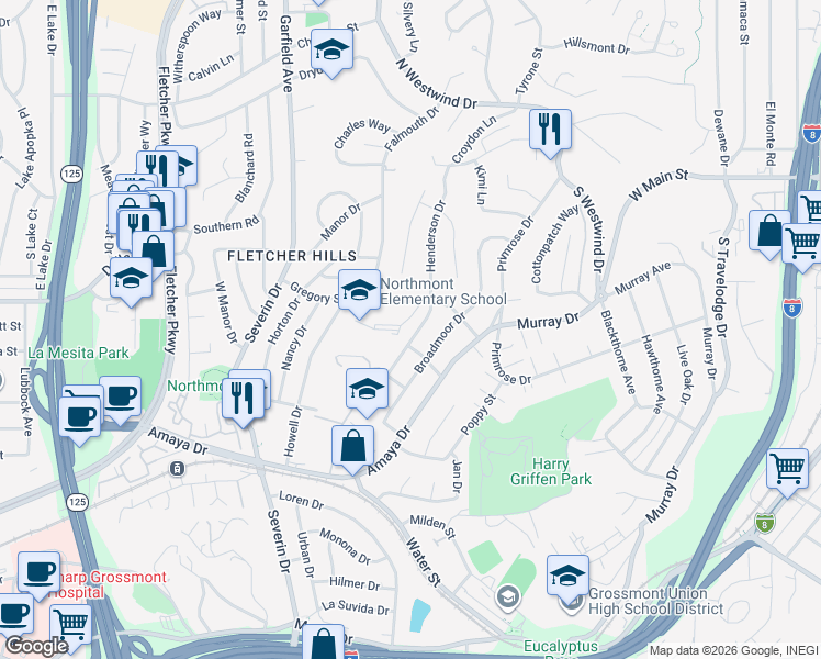 map of restaurants, bars, coffee shops, grocery stores, and more near 6128 Henderson Drive in La Mesa