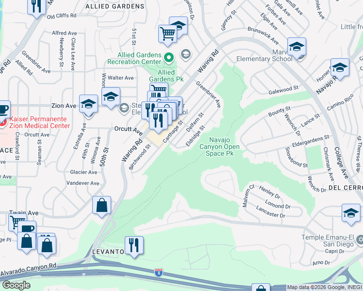 map of restaurants, bars, coffee shops, grocery stores, and more near 6548 Eldridge Street in San Diego