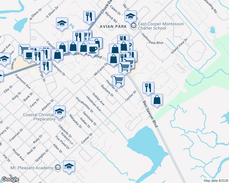 map of restaurants, bars, coffee shops, grocery stores, and more near 1448 Heather Drive in Mount Pleasant