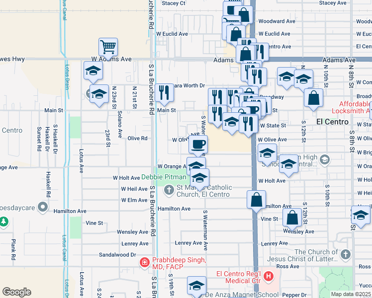 map of restaurants, bars, coffee shops, grocery stores, and more near 1720 West Brighton Avenue in El Centro