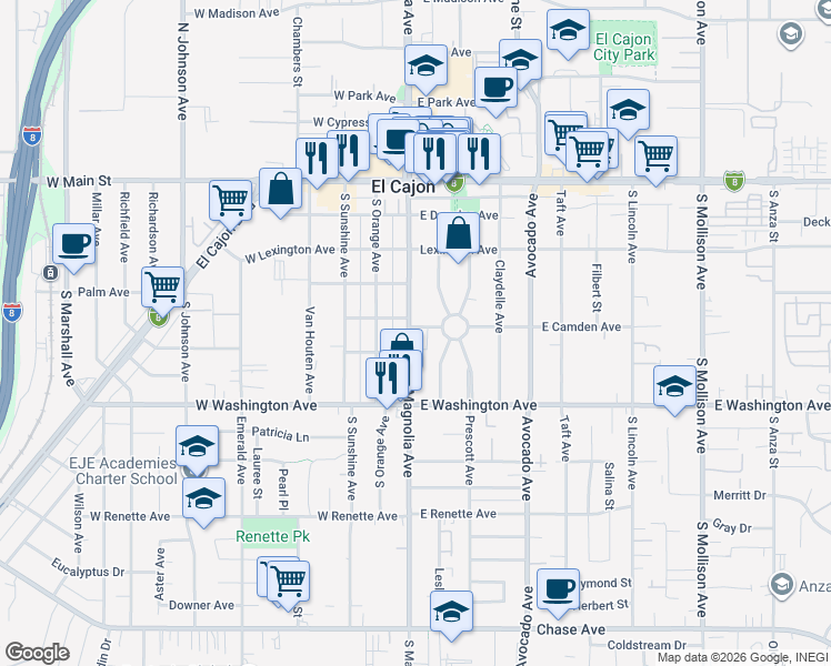 map of restaurants, bars, coffee shops, grocery stores, and more near in El Cajon