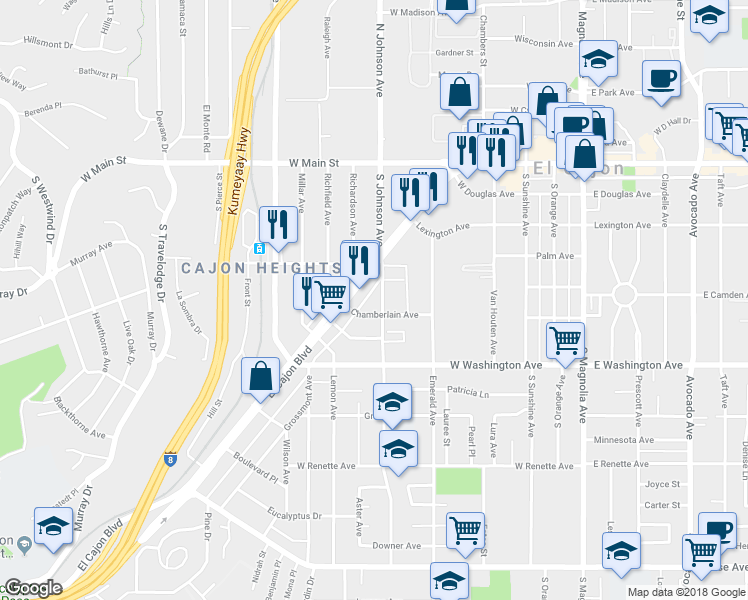 map of restaurants, bars, coffee shops, grocery stores, and more near 538 South Johnson Avenue in El Cajon