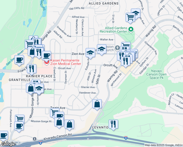 map of restaurants, bars, coffee shops, grocery stores, and more near 6416 Winona Avenue in San Diego