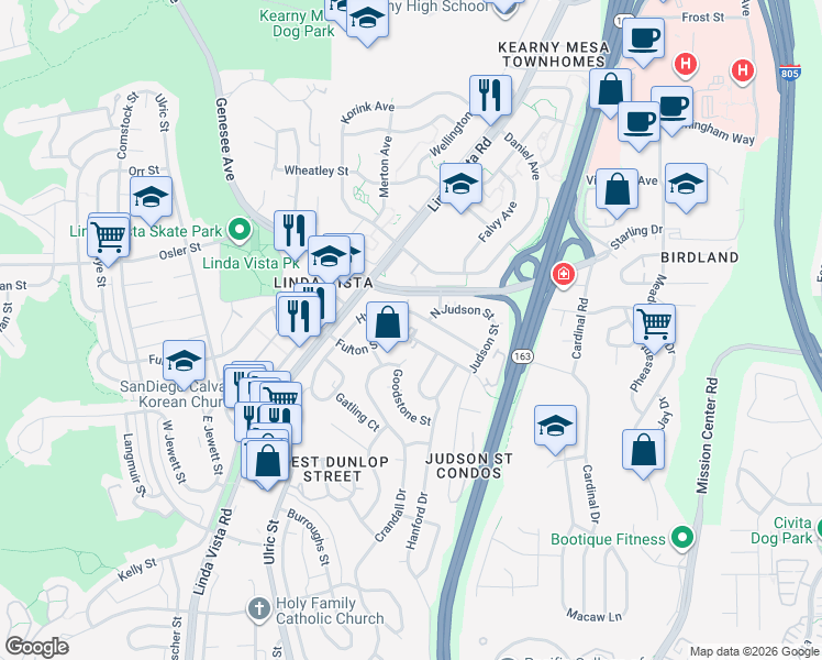 map of restaurants, bars, coffee shops, grocery stores, and more near 7405 Hyatt Street in San Diego
