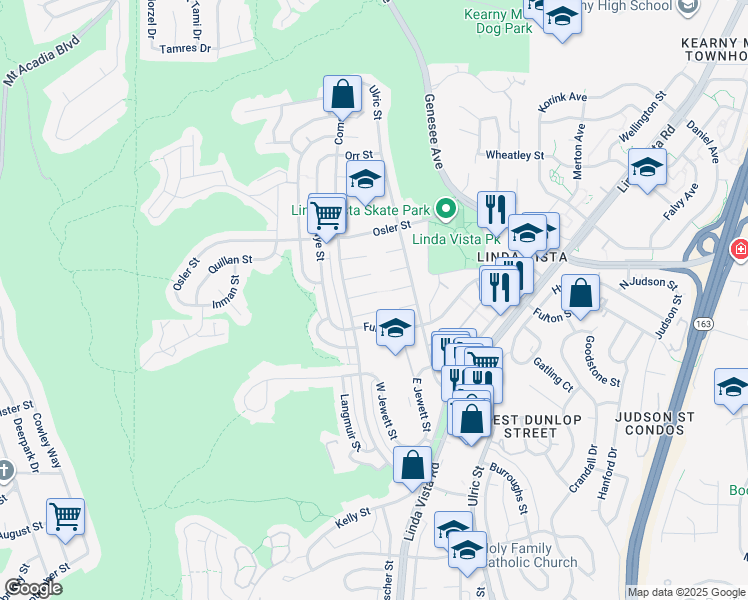 map of restaurants, bars, coffee shops, grocery stores, and more near 6737 Thomson Court in San Diego