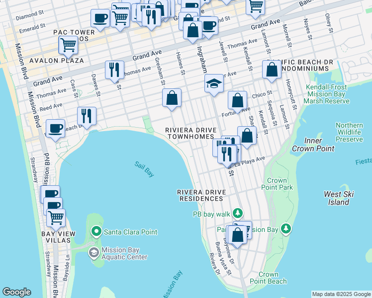 map of restaurants, bars, coffee shops, grocery stores, and more near in San Diego