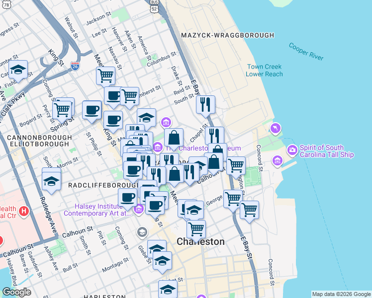 map of restaurants, bars, coffee shops, grocery stores, and more near in Charleston