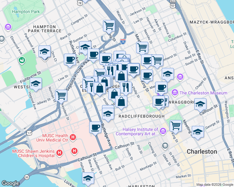 map of restaurants, bars, coffee shops, grocery stores, and more near in Charleston