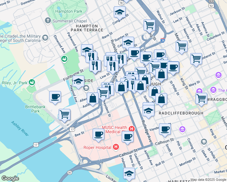 map of restaurants, bars, coffee shops, grocery stores, and more near 6 Rosemont Street in Charleston
