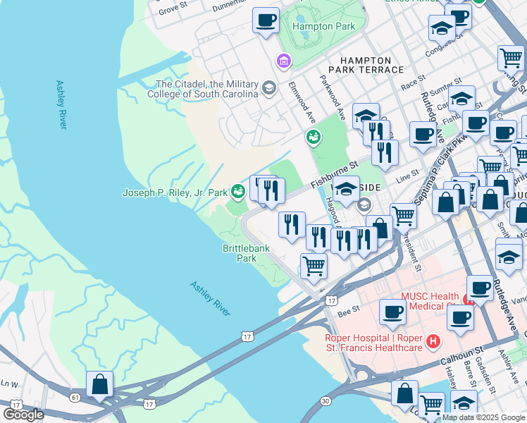 map of restaurants, bars, coffee shops, grocery stores, and more near 99 Westedge Street in Charleston