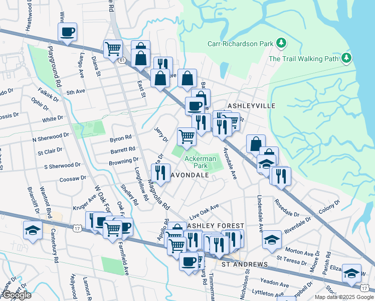 map of restaurants, bars, coffee shops, grocery stores, and more near in Charleston