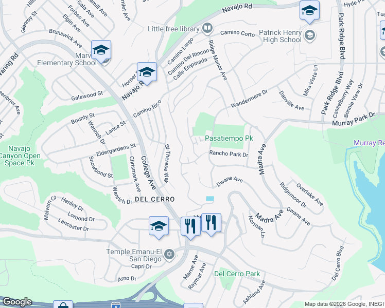 map of restaurants, bars, coffee shops, grocery stores, and more near 6150 Caminito Plata in San Diego