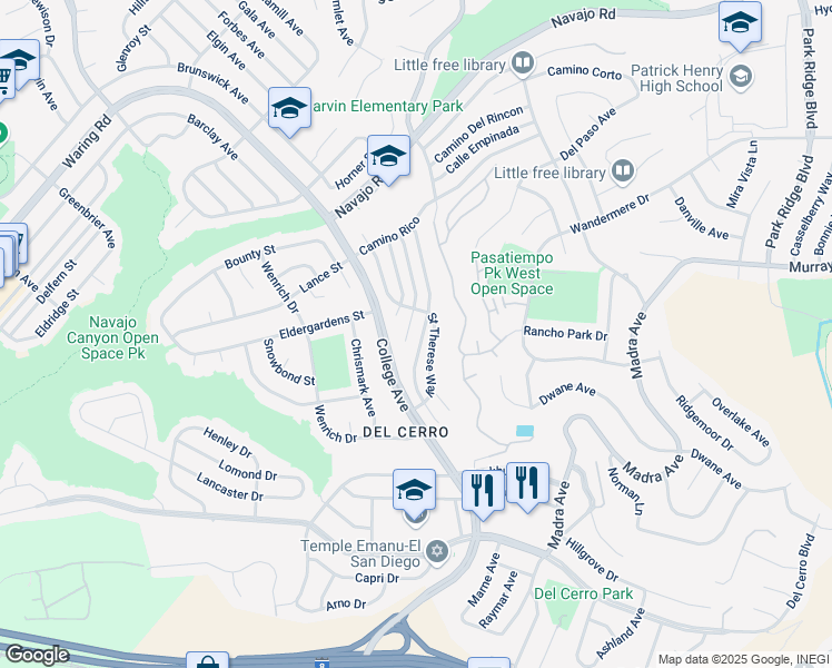 map of restaurants, bars, coffee shops, grocery stores, and more near 6150 Bernadette Lane in San Diego