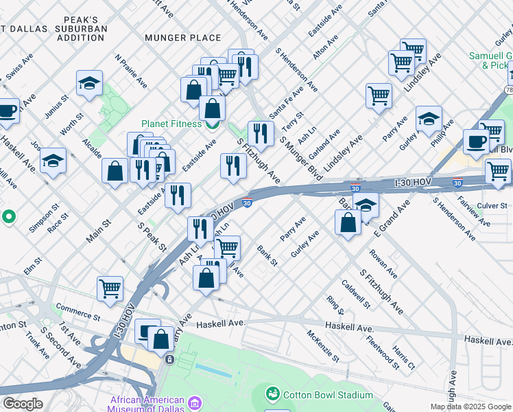 map of restaurants, bars, coffee shops, grocery stores, and more near 4717 Garland Avenue in Dallas