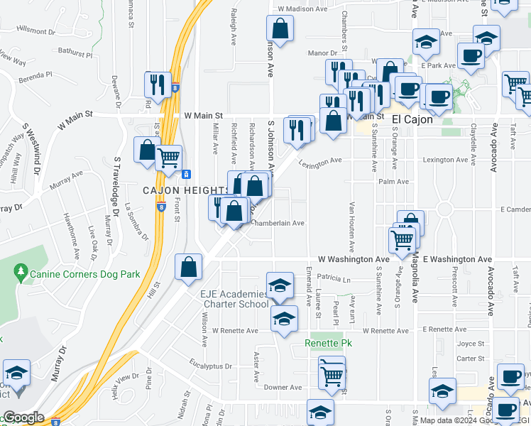 map of restaurants, bars, coffee shops, grocery stores, and more near 538 South Johnson Avenue in El Cajon