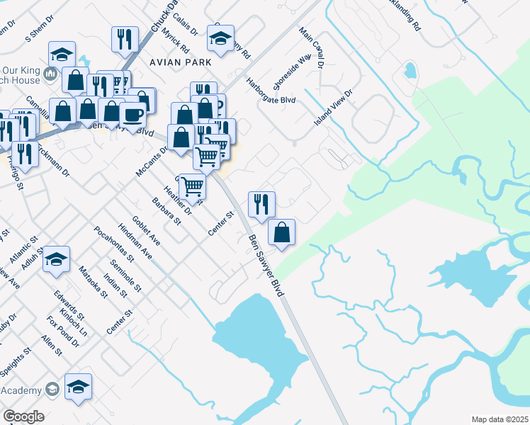 map of restaurants, bars, coffee shops, grocery stores, and more near 1471 Center Street Extension in Mount Pleasant