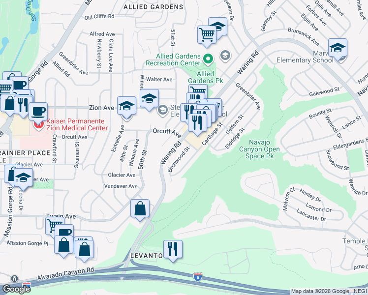 map of restaurants, bars, coffee shops, grocery stores, and more near 6472 Birchwood Street in San Diego