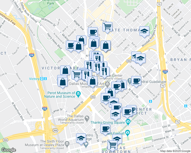 map of restaurants, bars, coffee shops, grocery stores, and more near 1919 McKinney Avenue in Dallas