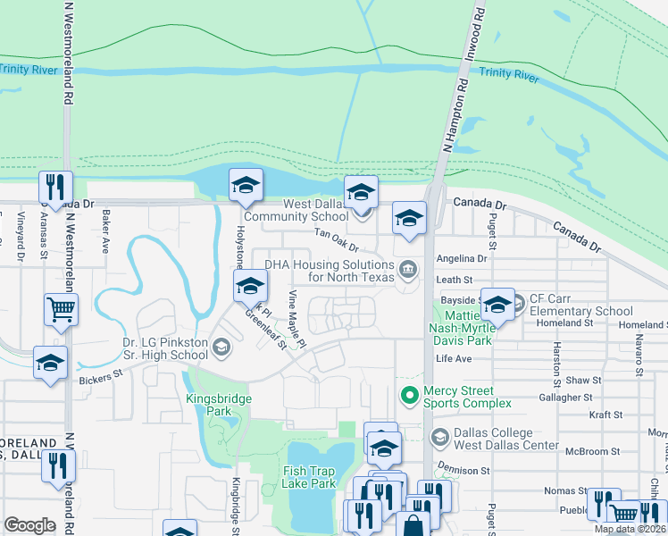 map of restaurants, bars, coffee shops, grocery stores, and more near 4008 Willow Leaf Ct in Dallas