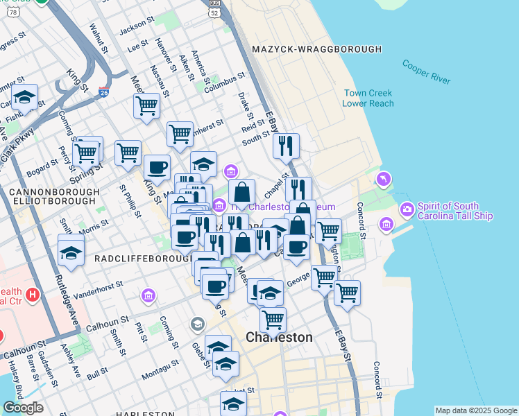map of restaurants, bars, coffee shops, grocery stores, and more near in Charleston