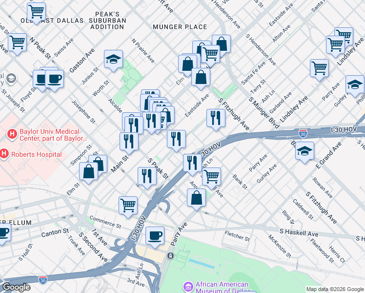 map of restaurants, bars, coffee shops, grocery stores, and more near 4509 Birch Street in Dallas