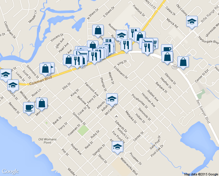 map of restaurants, bars, coffee shops, grocery stores, and more near 735 Hill Street in Mount Pleasant