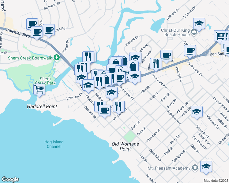 map of restaurants, bars, coffee shops, grocery stores, and more near 115 Elizabeth Street in Mount Pleasant
